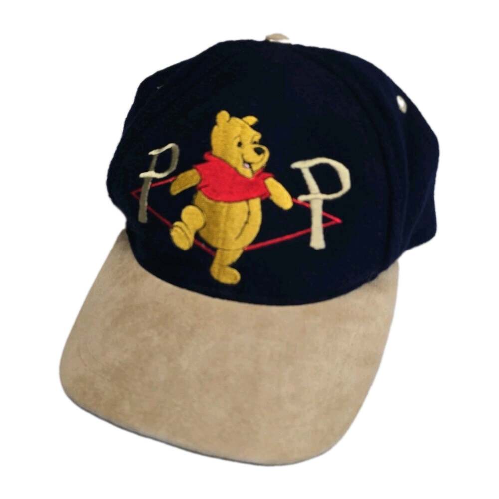 Vtg 90s Disney Store Winnie The Pooh Navy Wool Blend Hat Suede Brim Strapback